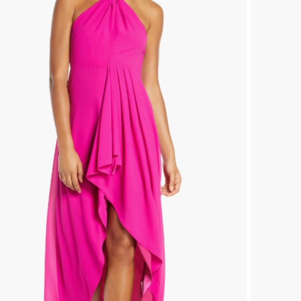 New With Tags, Mark & James by Badgley Mishka Fuchsia High-Low Halter Neck Gown